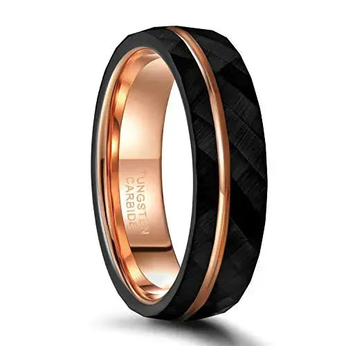 An 8mm wide profile variant of the Tigrade black faceted tungsten carbide band, showcasing the rugged hammered finish and inner rose gold lining