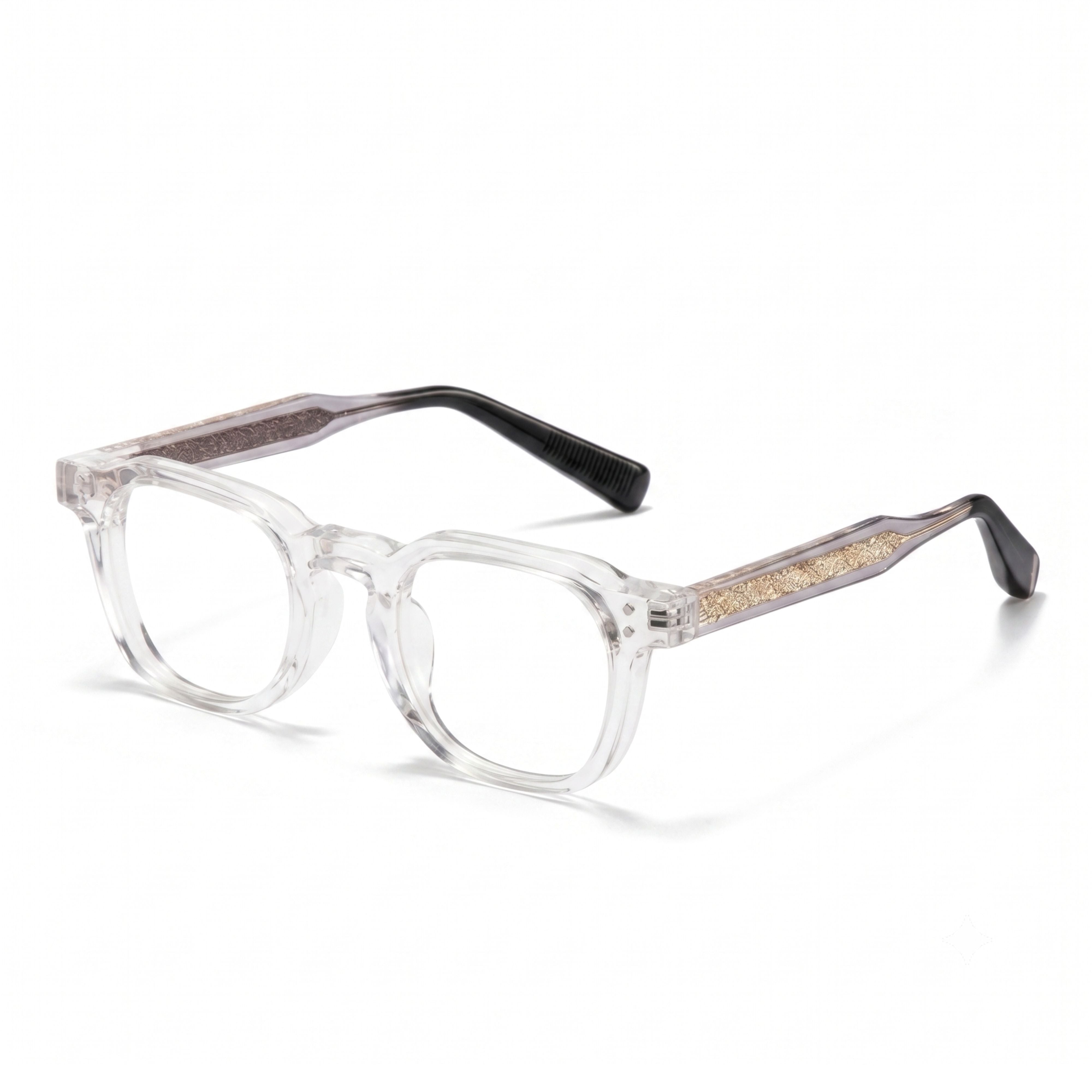 Translucent champagne square acetate eyeglass frames.