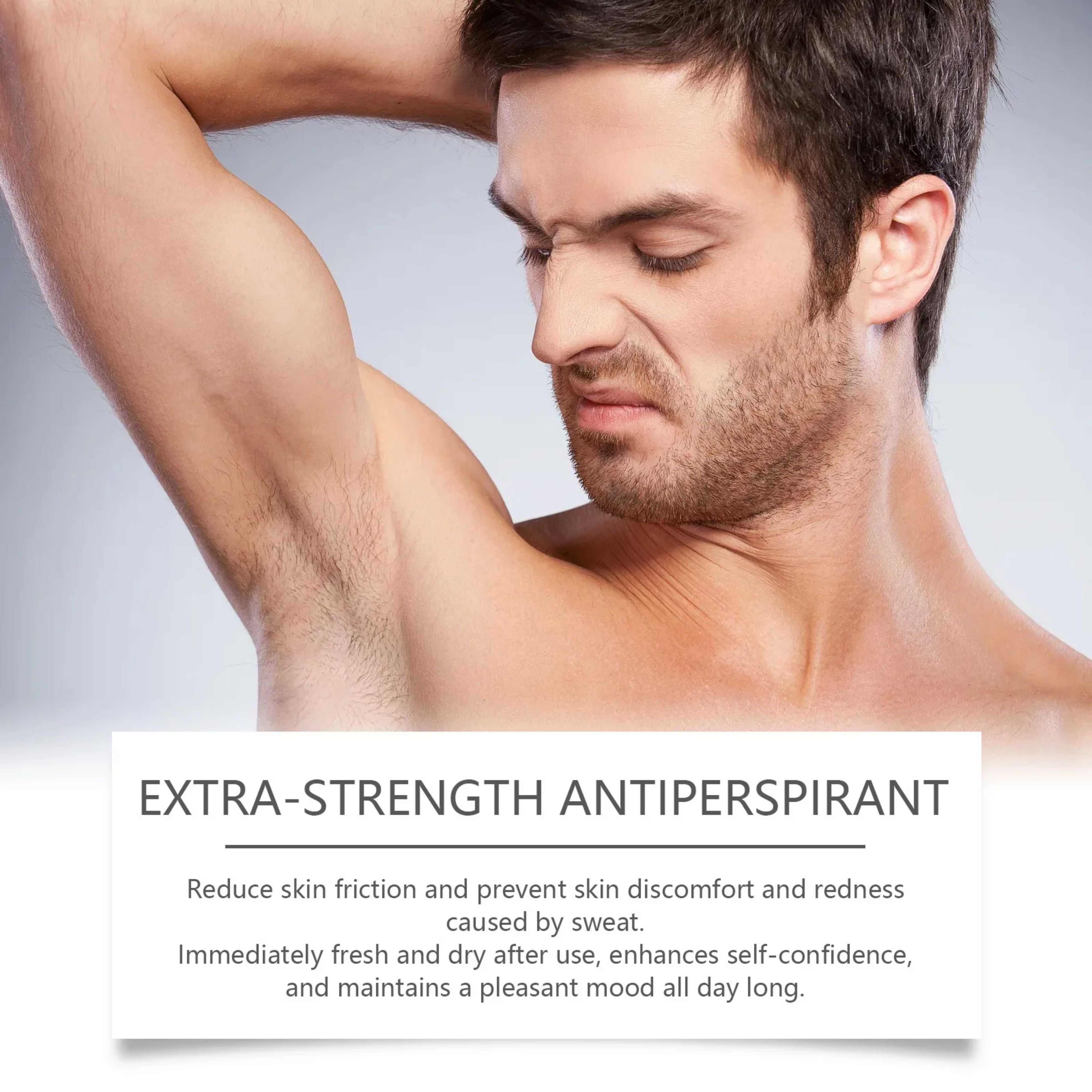 A man looking disgusted by bad underarm armpit odor with text recommending the extra strength antiperspirant for daily freshness