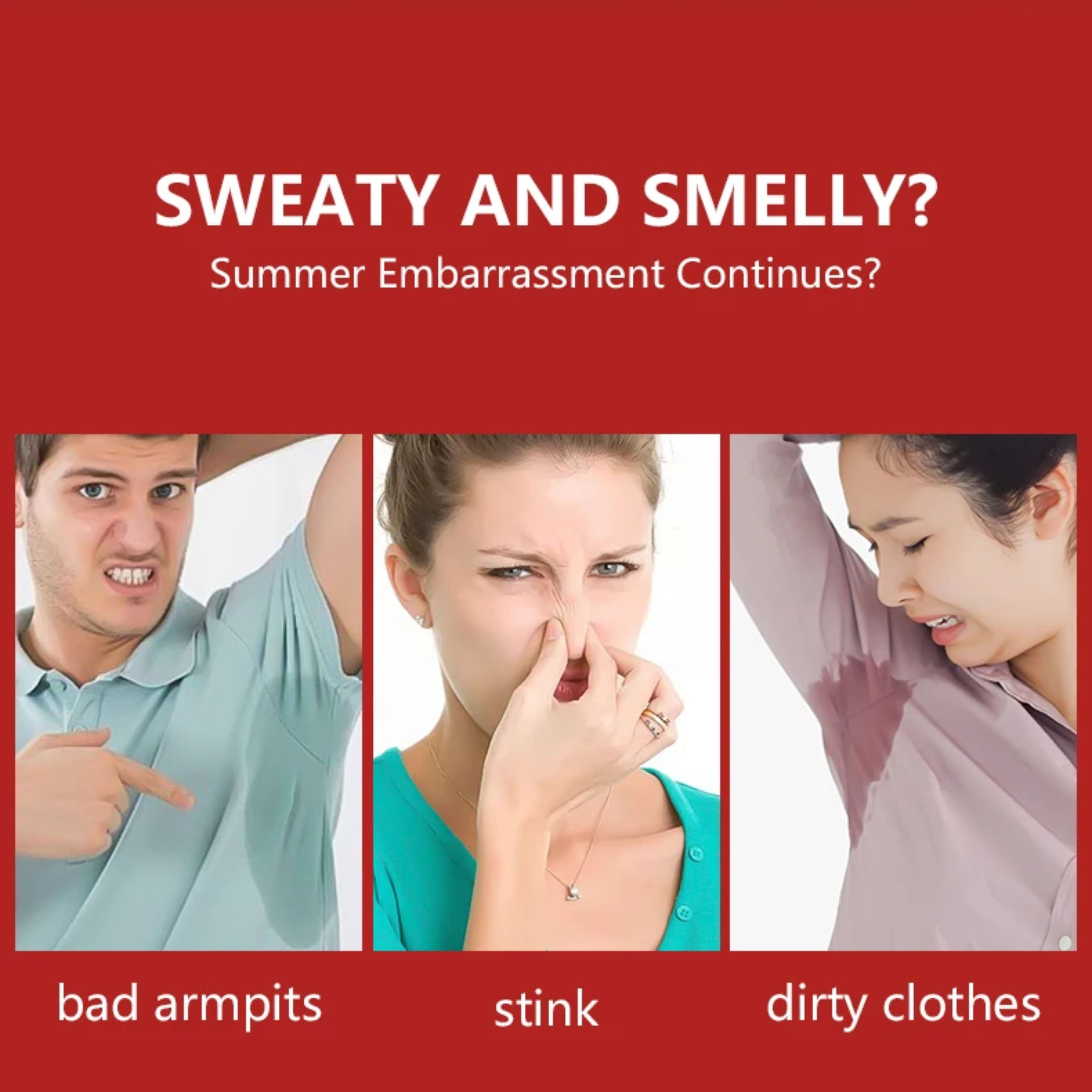 Infographic displaying common summer issues like bad armpits, stink, and dirty clothes compared to using a strong deodorant