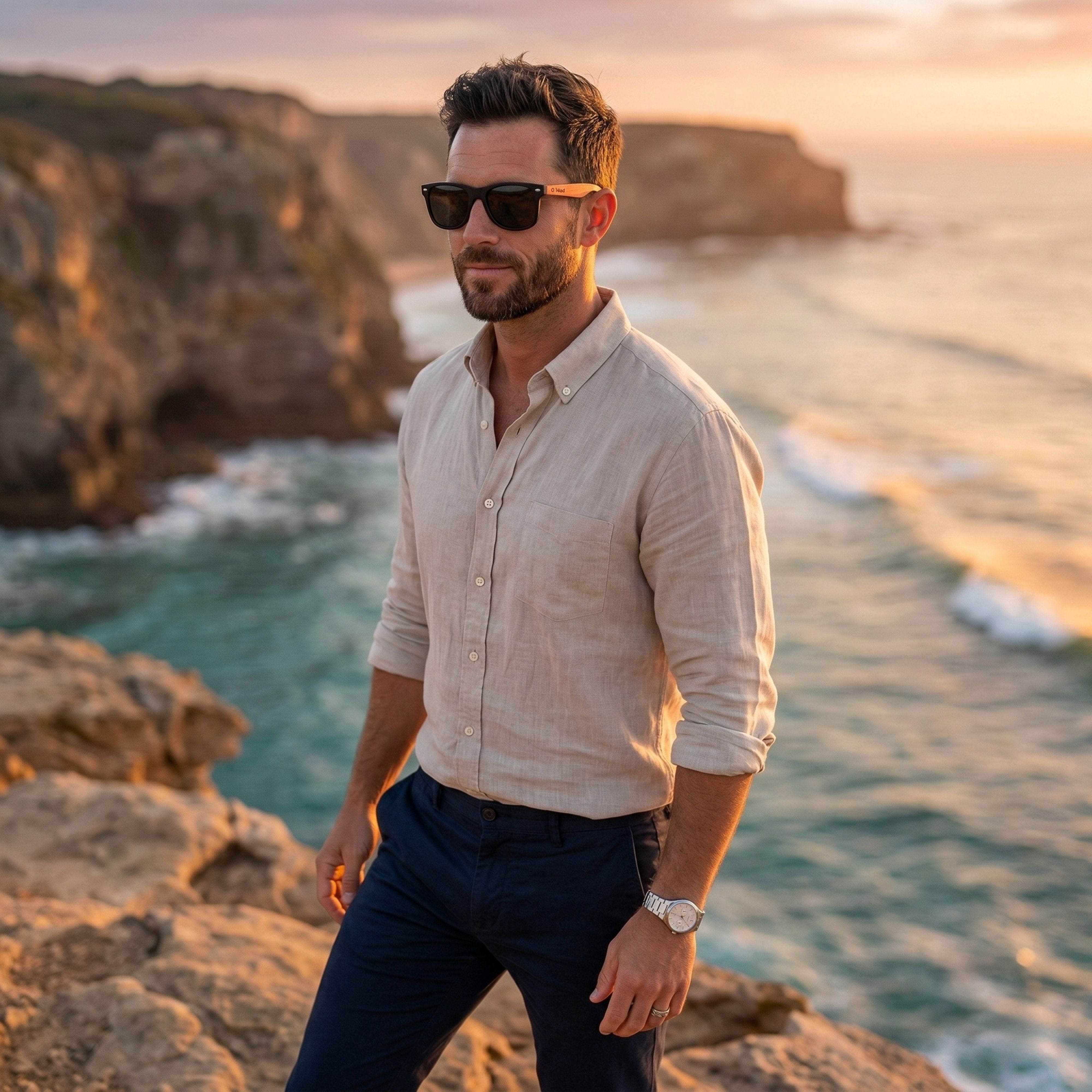 Man wearing UV400 wooden sunglasses under bright sunlight outdoors