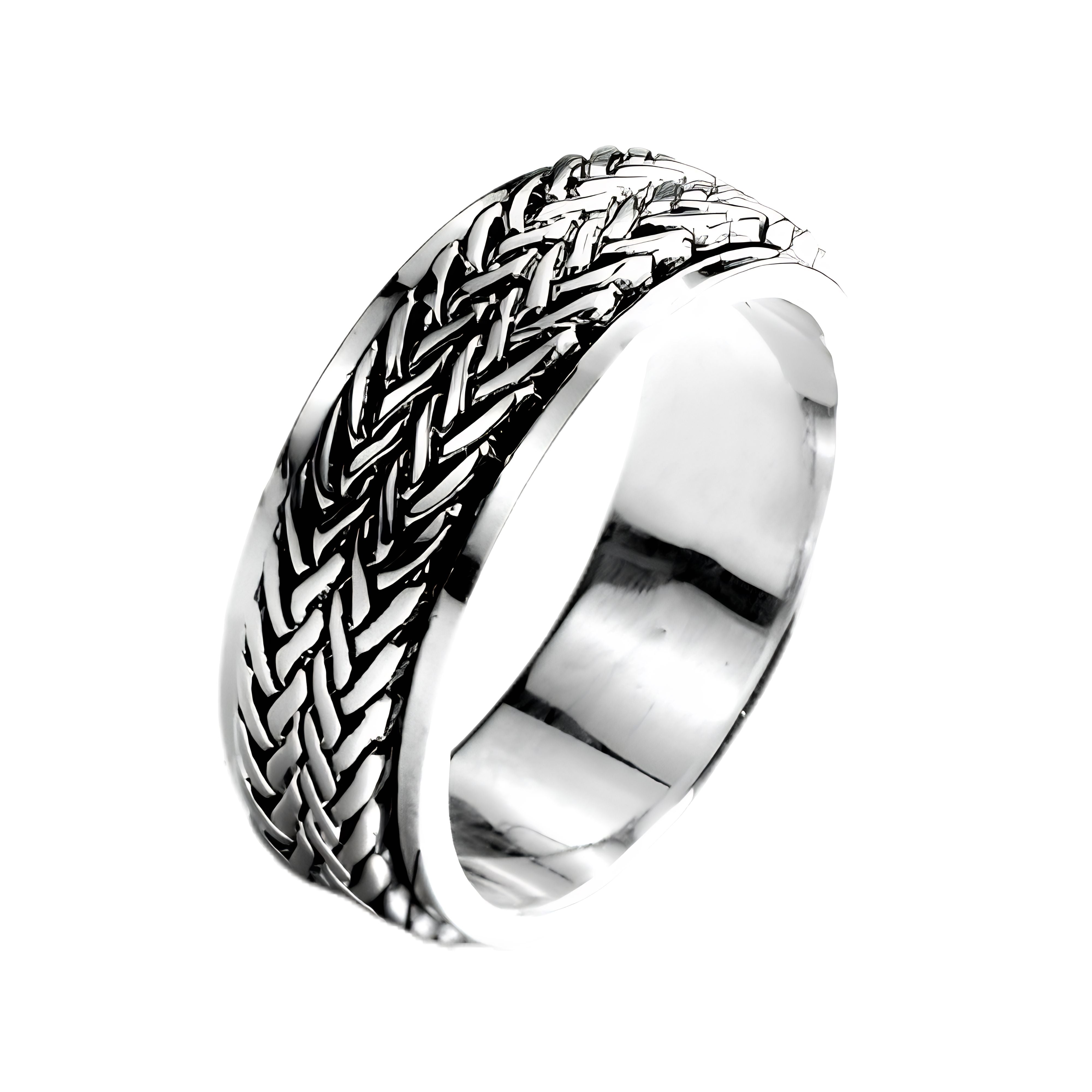 Vintage silver rotatable band ring featuring an oxidized braided wheat or rope pattern.