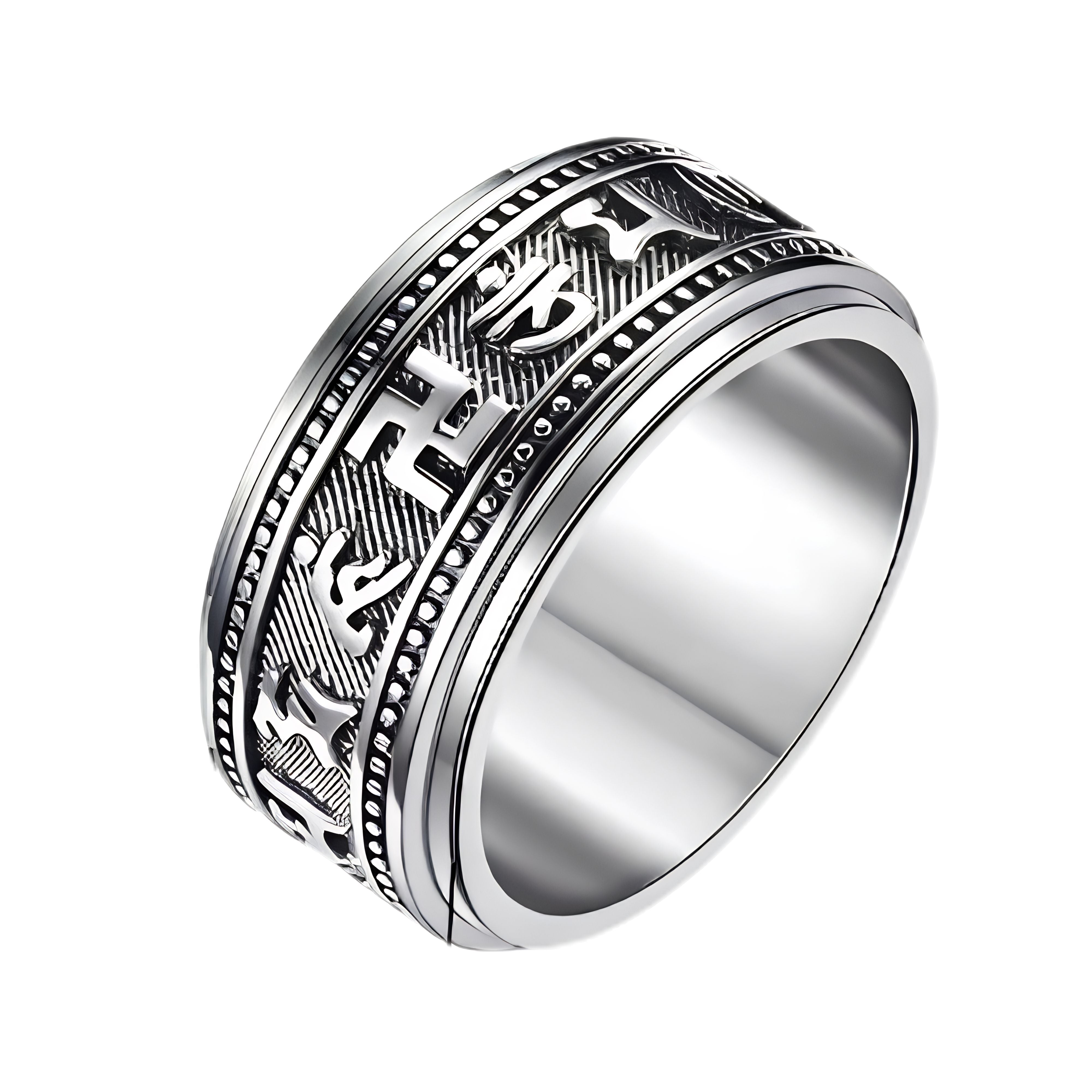 Vintage silver Buddhist ring featuring traditional mantras and the sacred Wan symbol on a rotatable band.