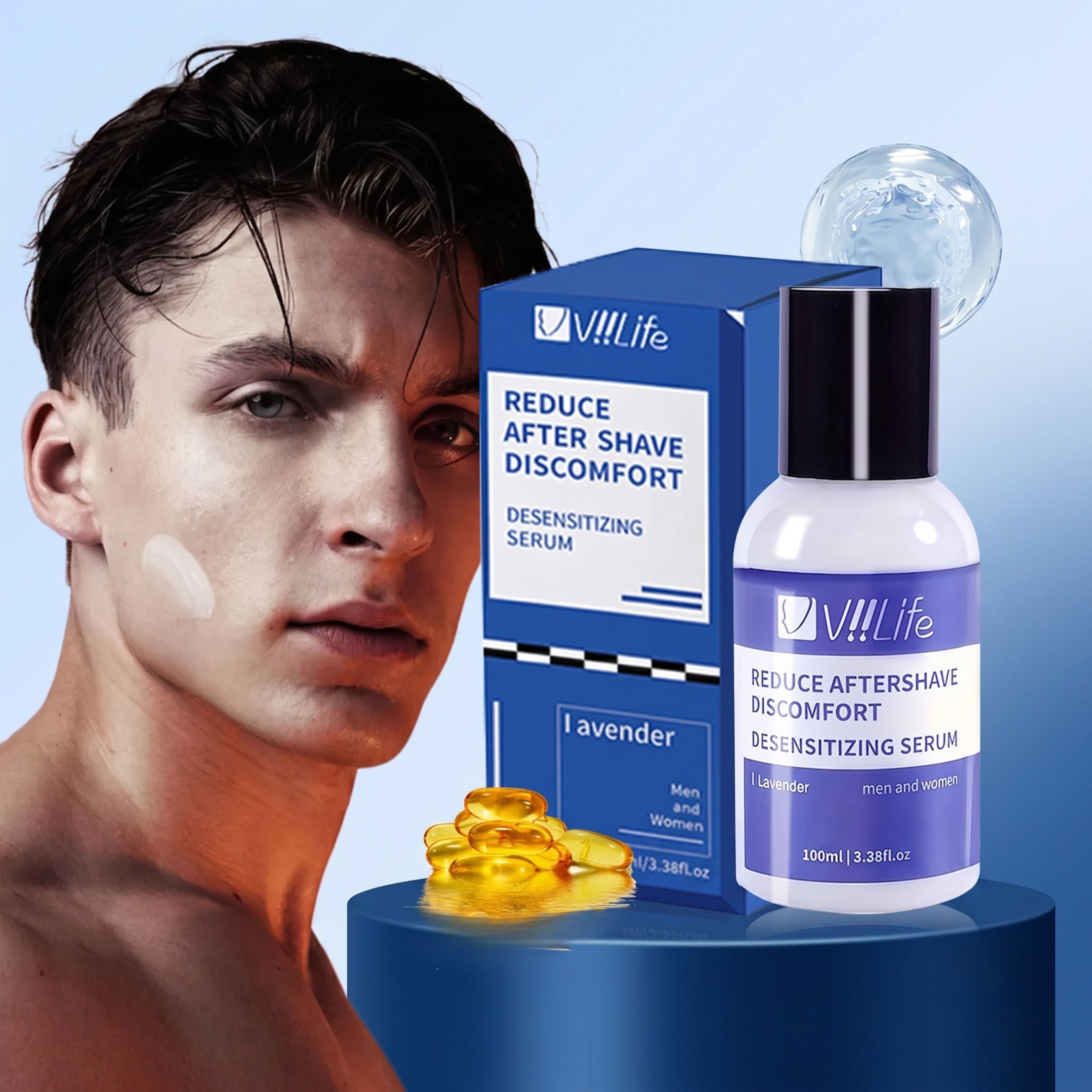 Male model next to the Voolife aftershave desensitizing serum bottle and its blue display box
