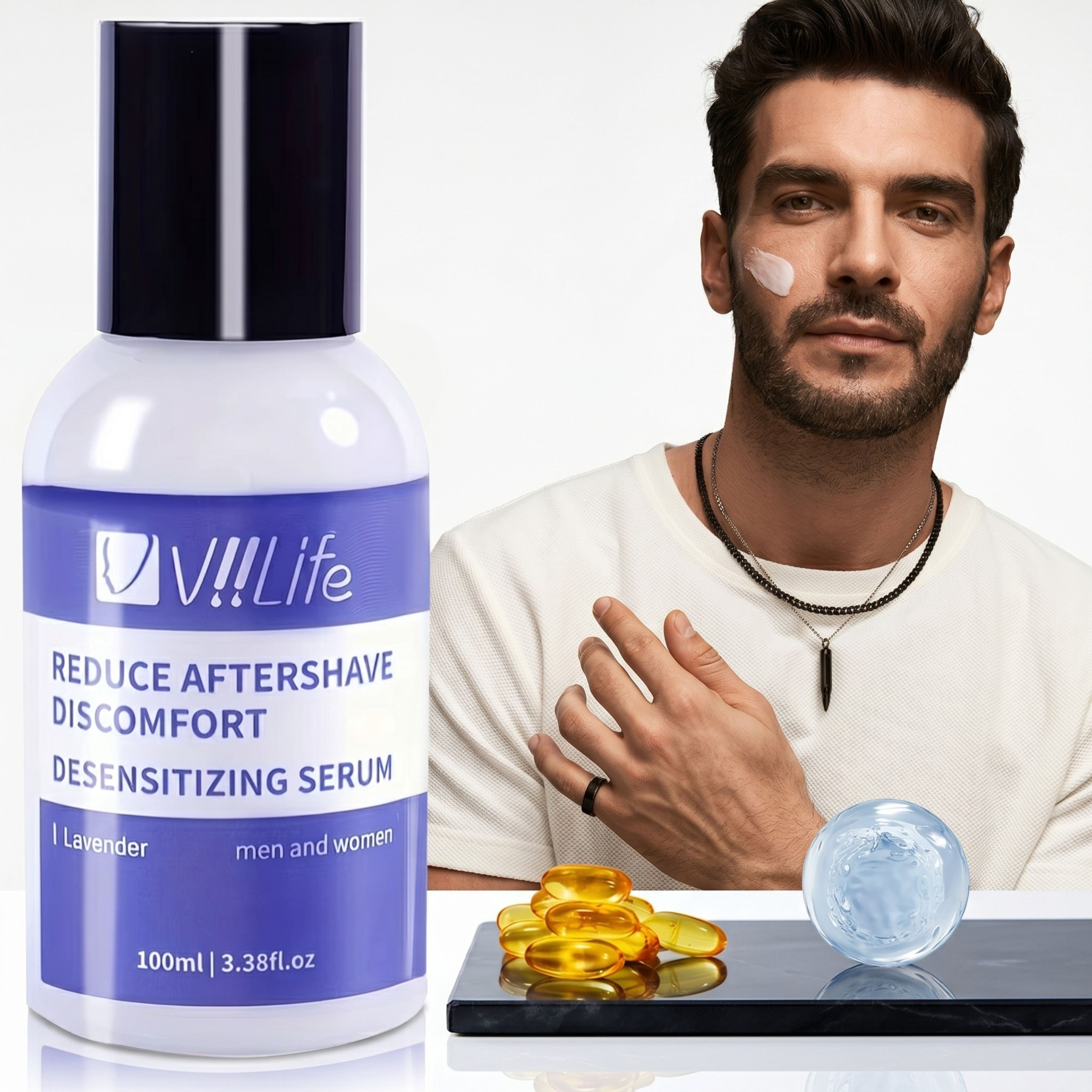Man with a dab of cream on his cheek next to a Voolife bottle, showcasing gel capsules and crystal sphere elements