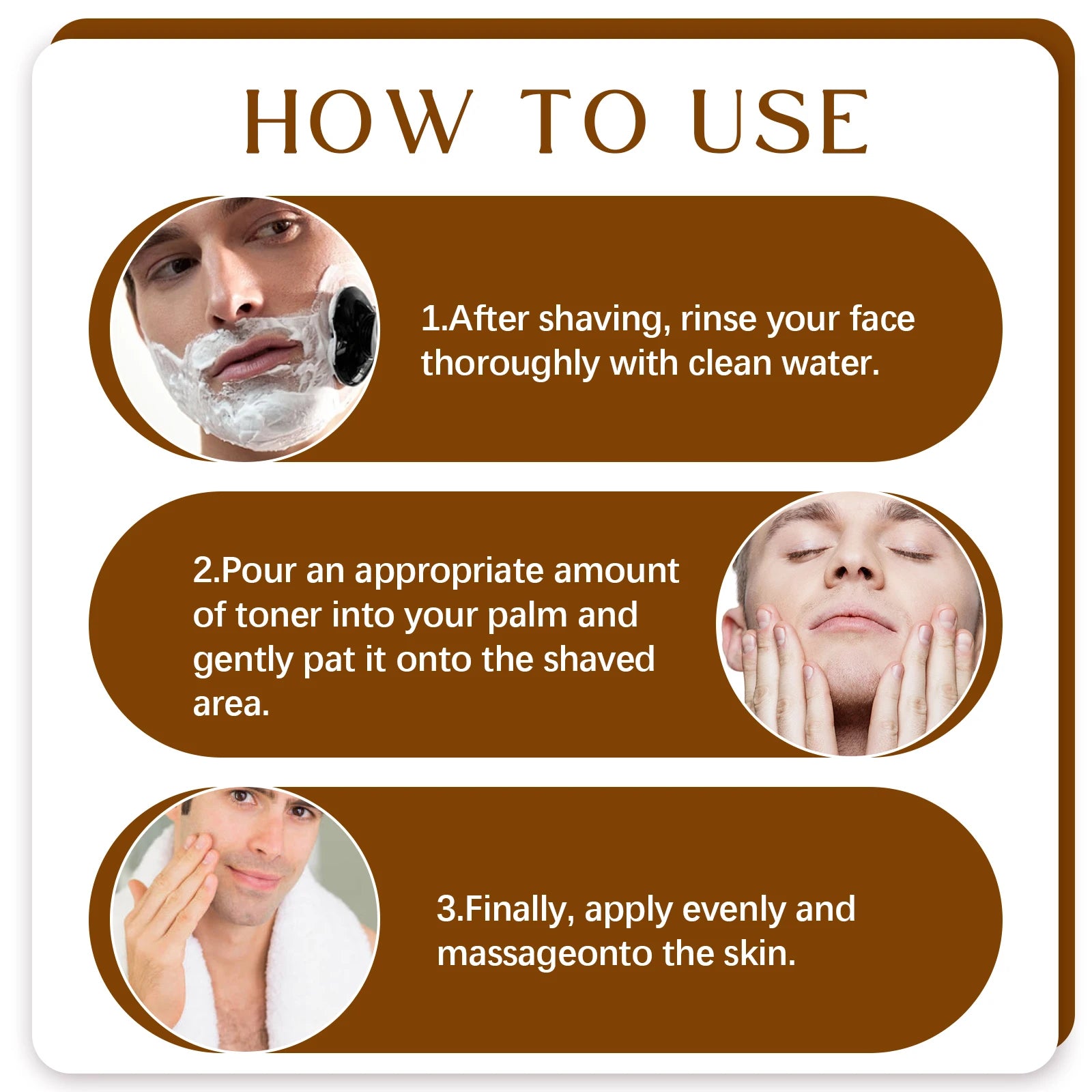 Three-step infographic guide detailing how to rinse the face, pat the appropriate amount of toner, and massage it evenly onto the skin
