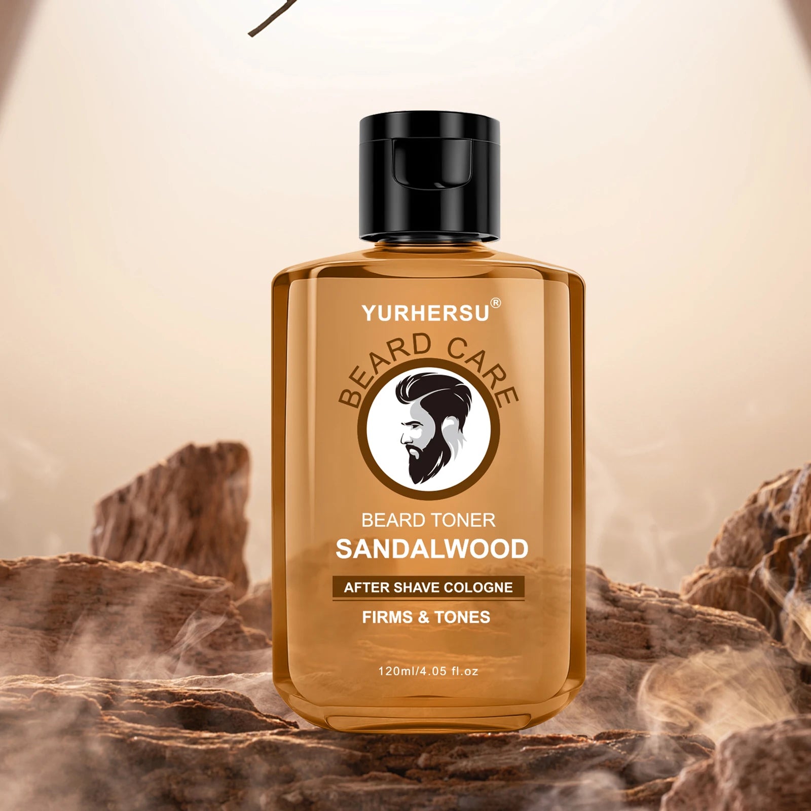 Yurhersu Sandalwood after shave toner bottle displayed on a premium desert rock landscape setting