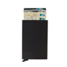 ZeAiLi sleek smart RFID pop-up wallet in stealth black with fanned-out credit cards displayed from its aluminum card holder chamber